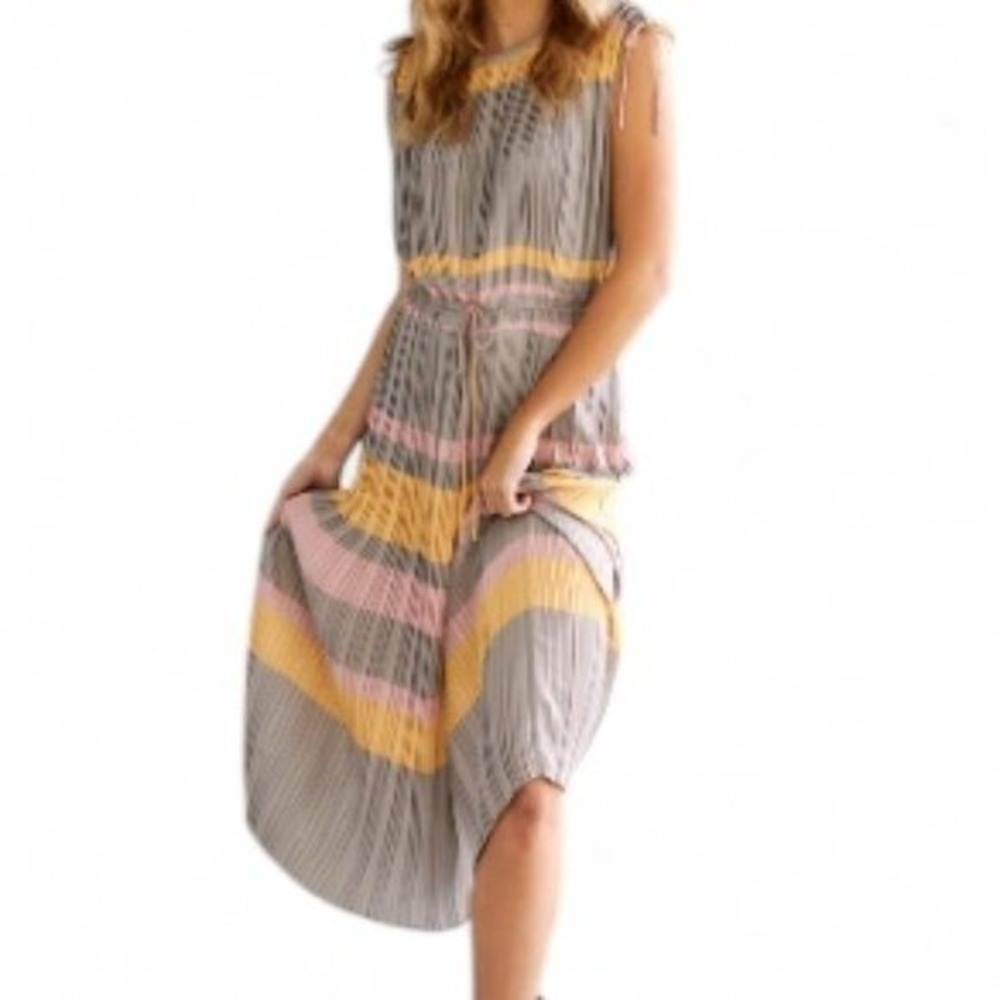 Fab'rik‎ Pleated Striped Midi Dress Yellow Pink Gray Small